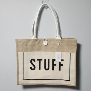 NWT Mudpie Large Tan Jute STUFF Tote Bag On Front